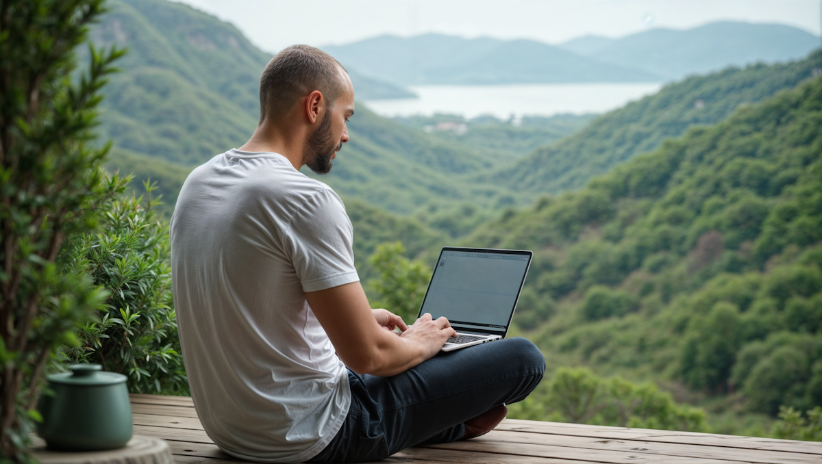 Man working remotely in natural outdoor setting